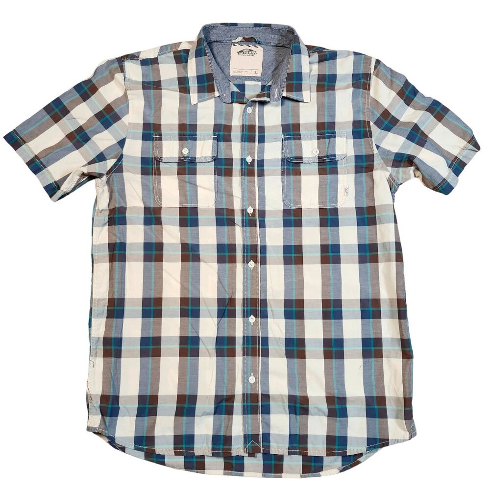 Vans Mens Plaid Short Sleeve Button-Down Shirt Size Large Blue Brown